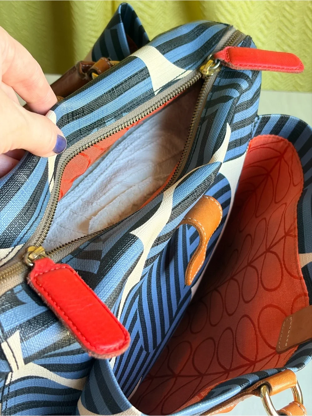 Orla Kiely Blue and Cream Graphic Print Satchel with Tan Trim